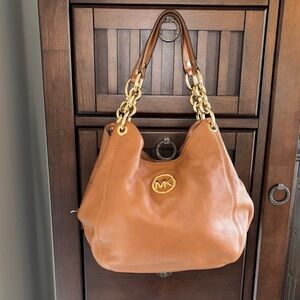 Michael Kors medium Lillie Brown Leather Shoulder Bag with Gold Accents